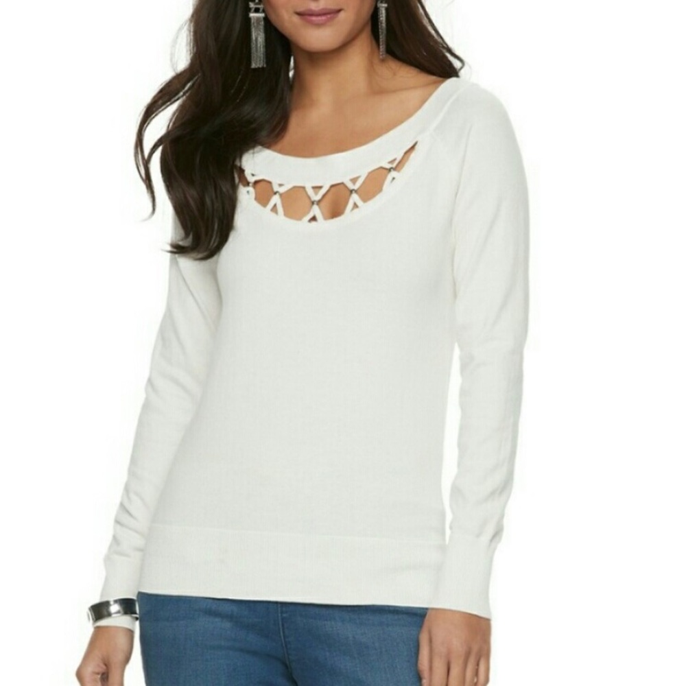 Jennifer Lopez Criss Cross Cut Out Off-White Sweater